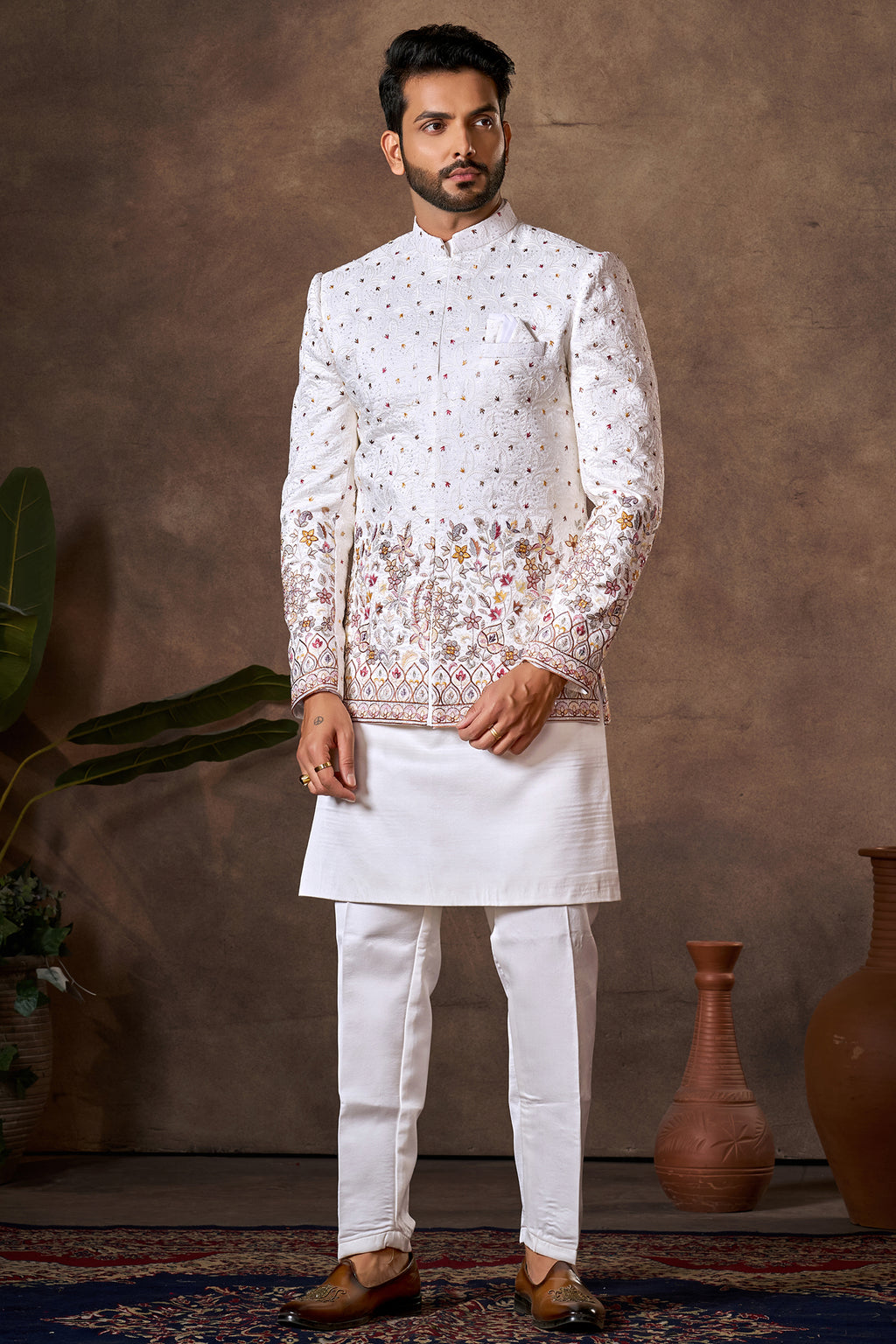 Pearl White Embroidered Kurta Pajama with Jacket