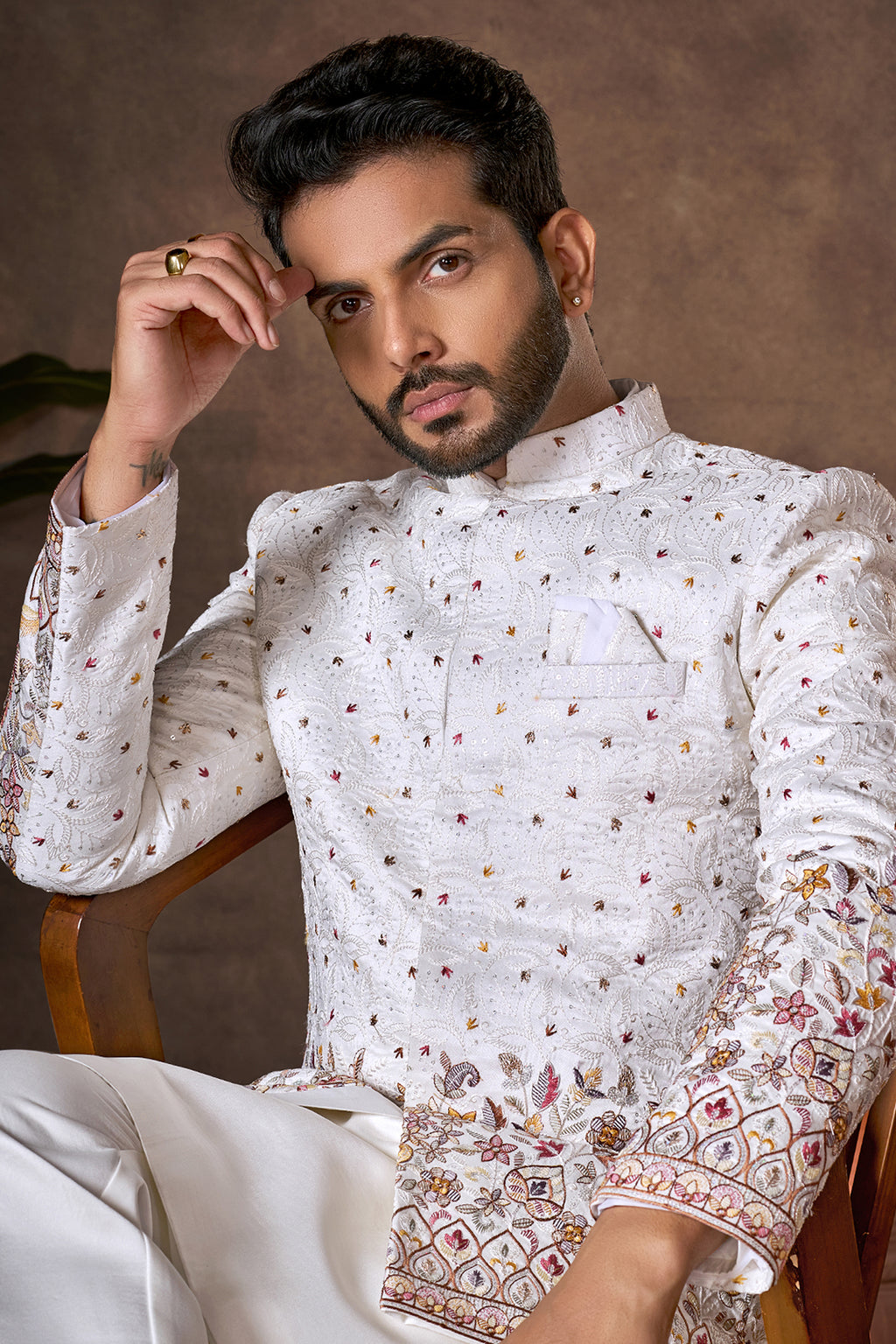 Pearl White Embroidered Kurta Pajama with Jacket