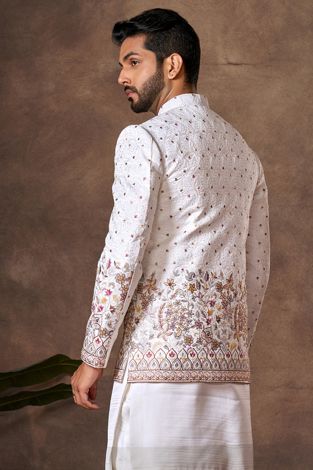 Pearl White Embroidered Kurta Pajama with Jacket