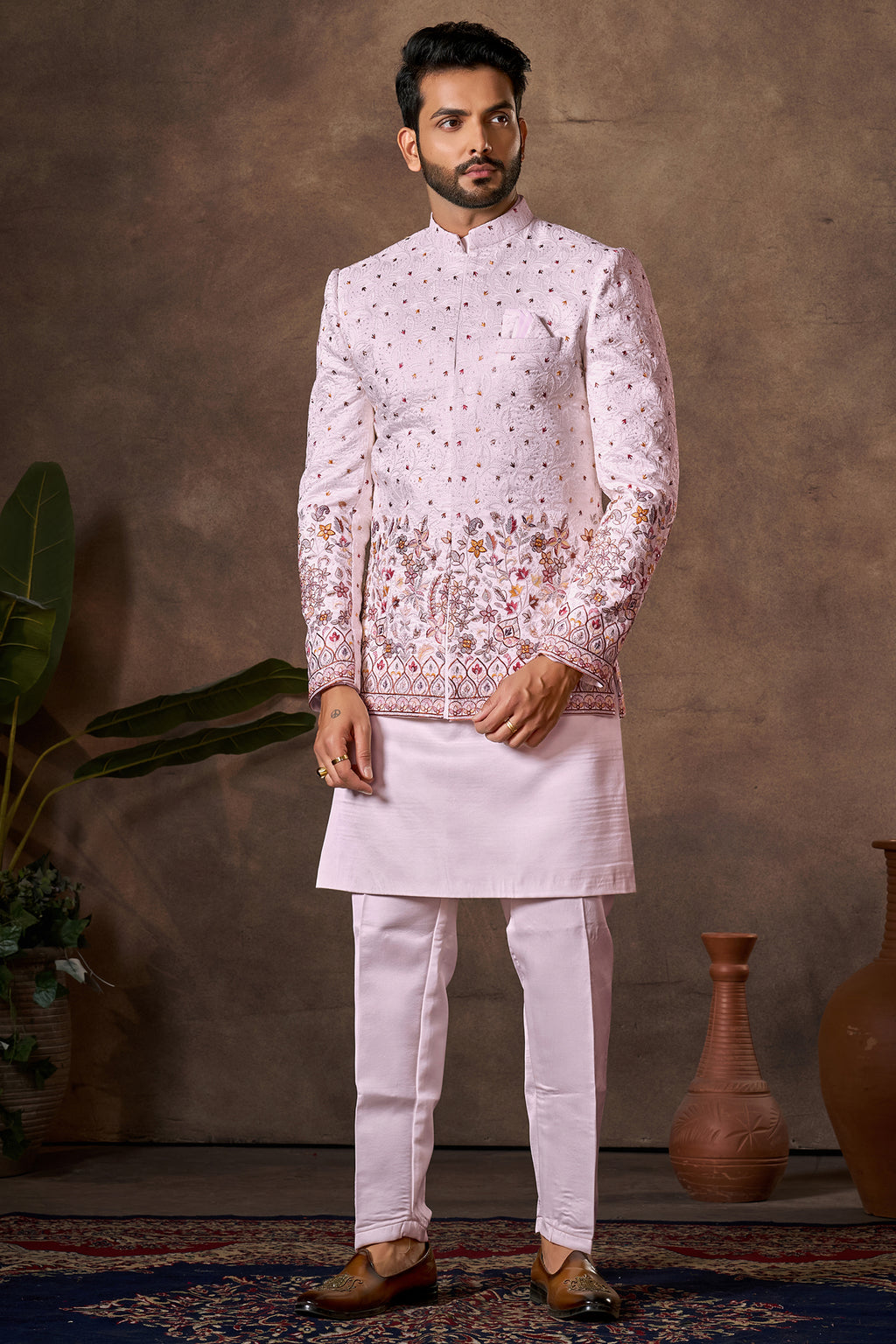 Light Pink Embroidered Kurta Pajama with Jacket