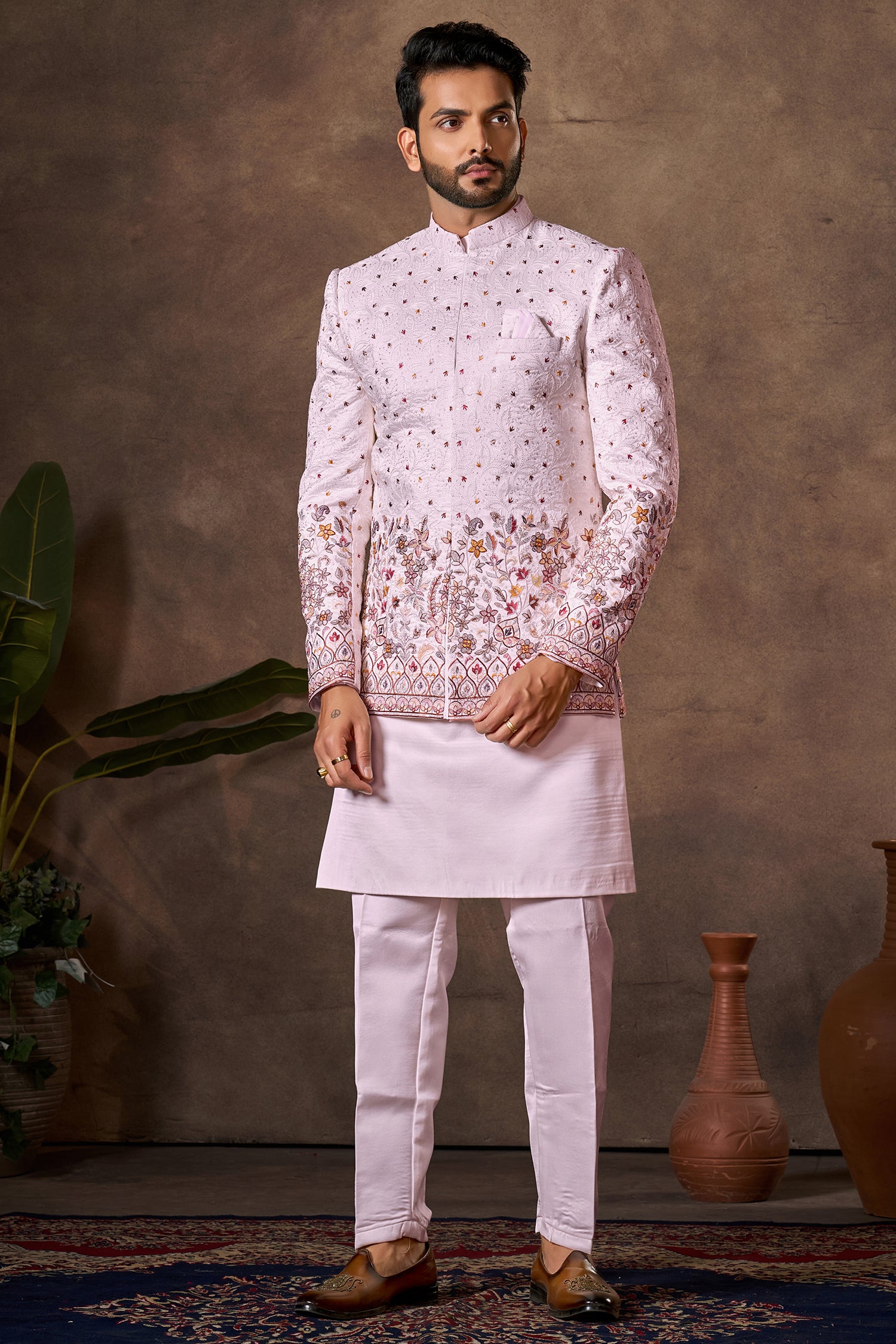 Light Pink Embroidered Kurta Pajama with Jacket