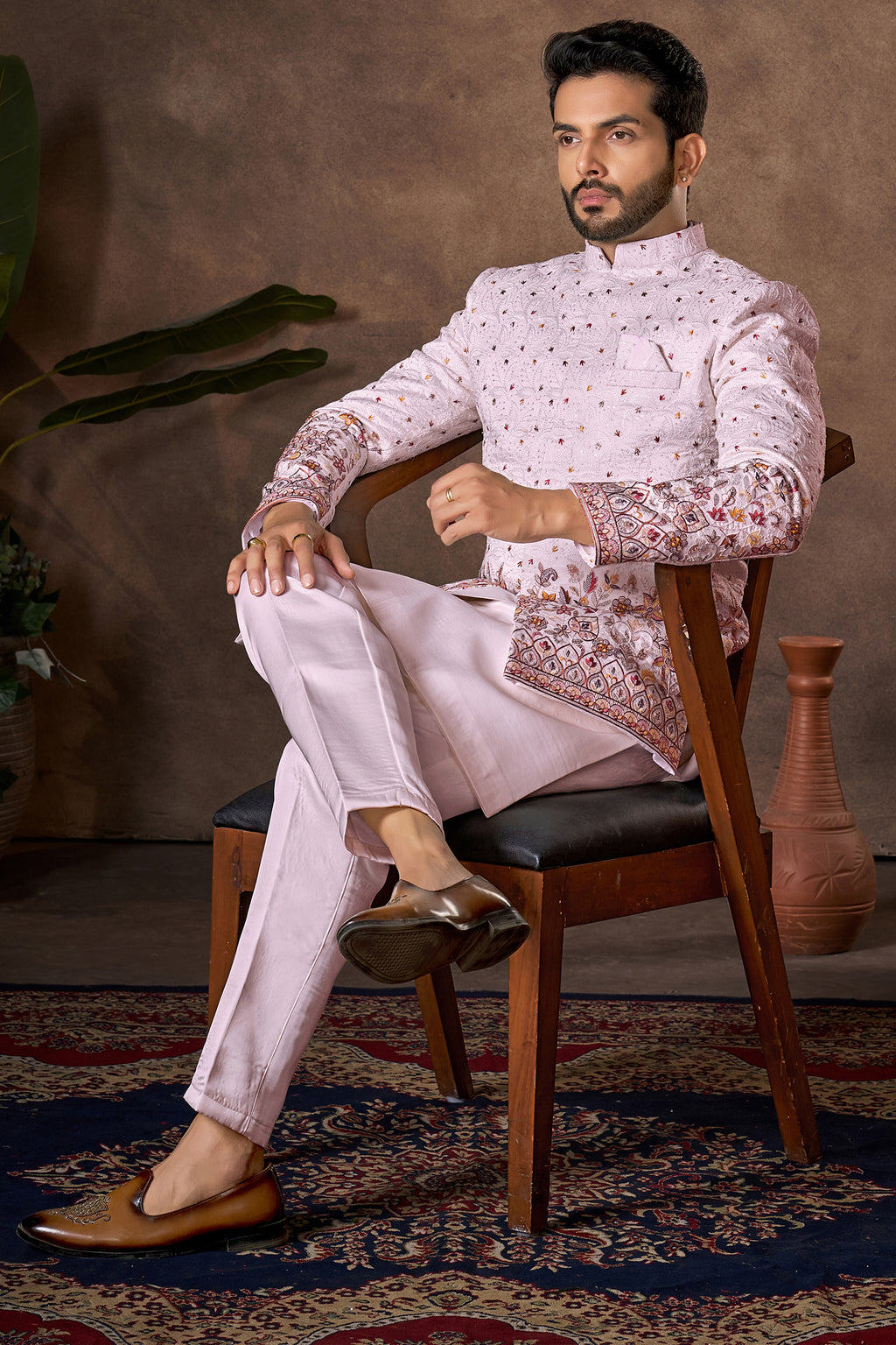 Light Pink Embroidered Kurta Pajama with Jacket