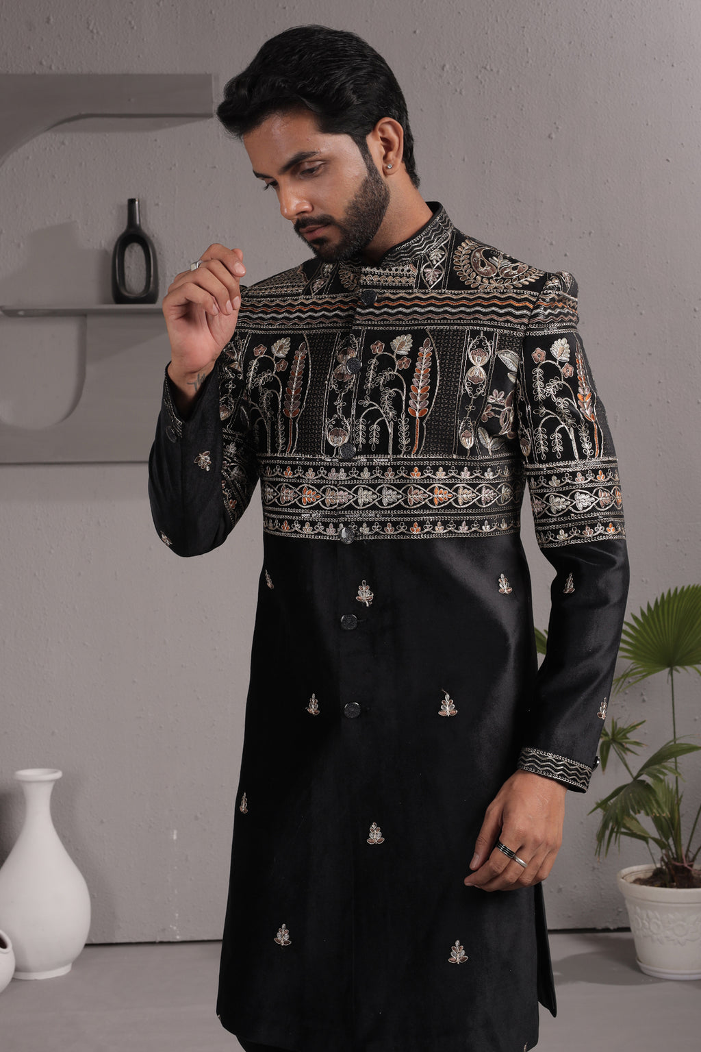 Black Satin Silk Embroidered Indo Western Set