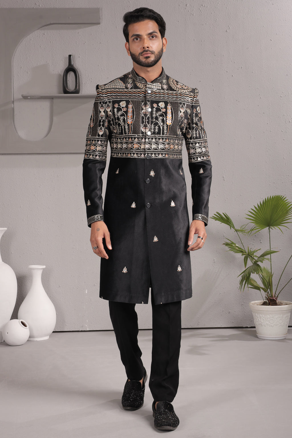 Black Satin Silk Embroidered Indo Western Set