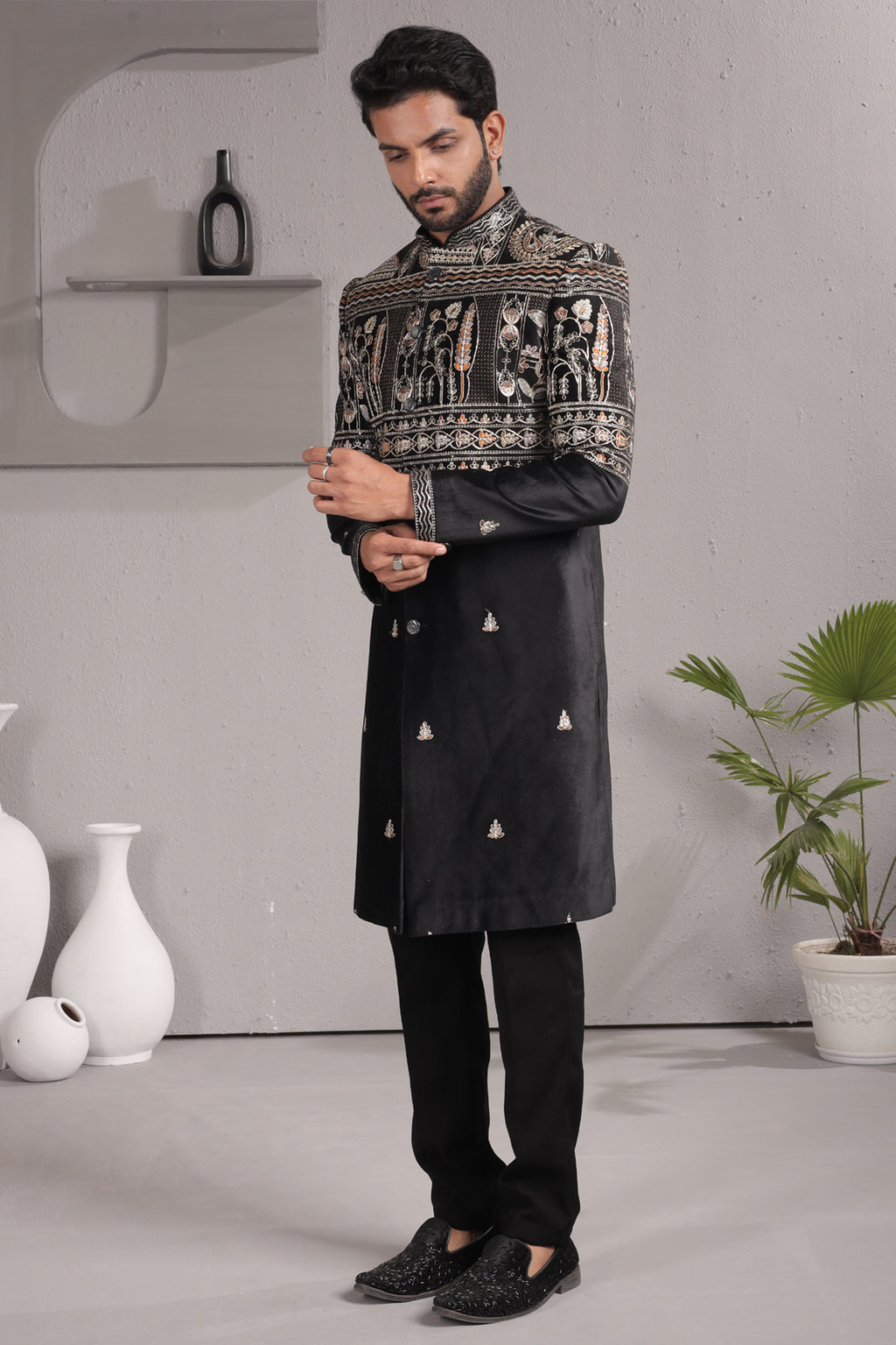 Black Satin Silk Embroidered Indo Western Set