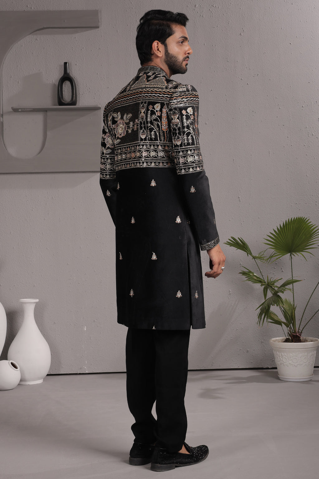 Black Satin Silk Embroidered Indo Western Set