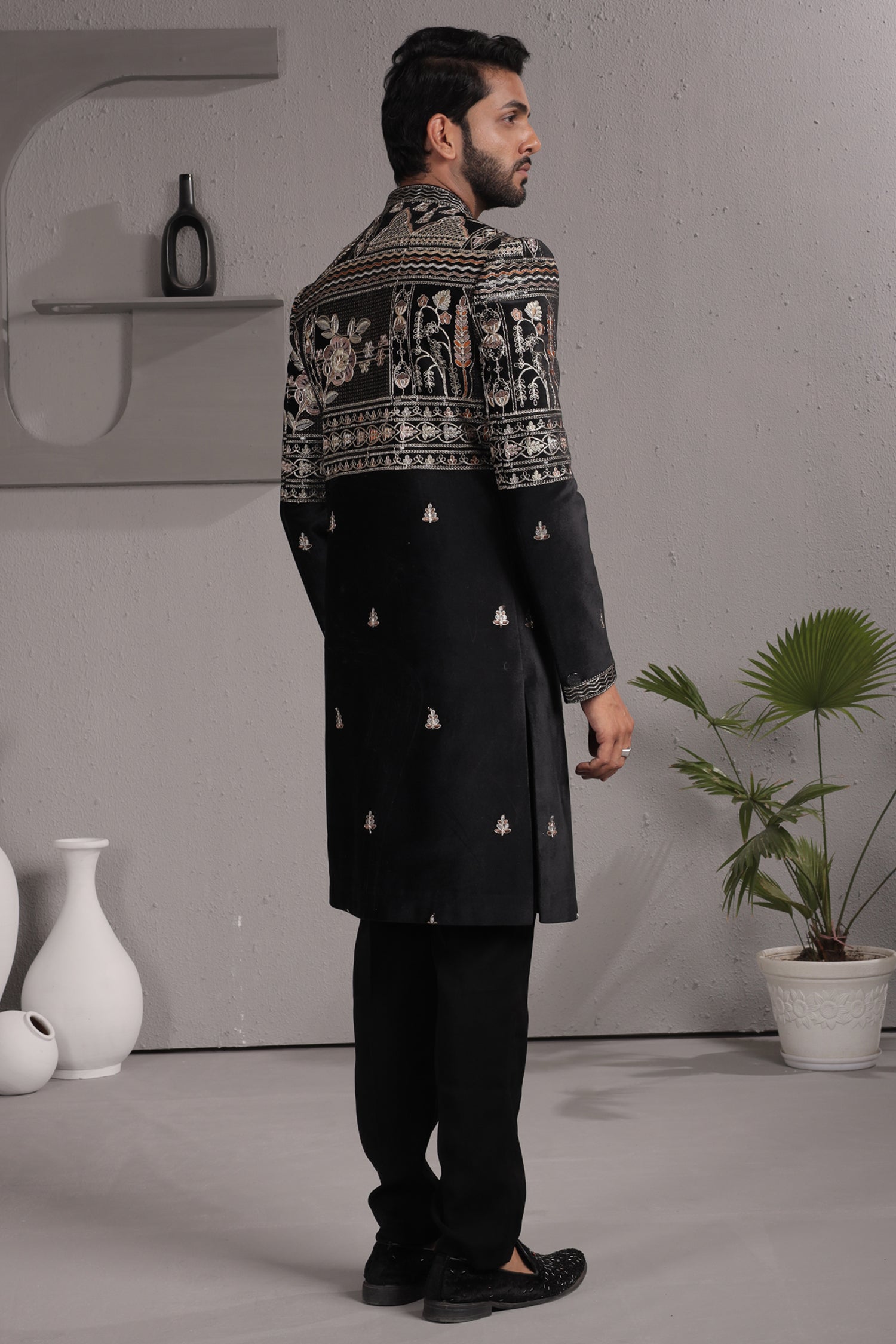 Black Satin Silk Embroidered Indo Western Set