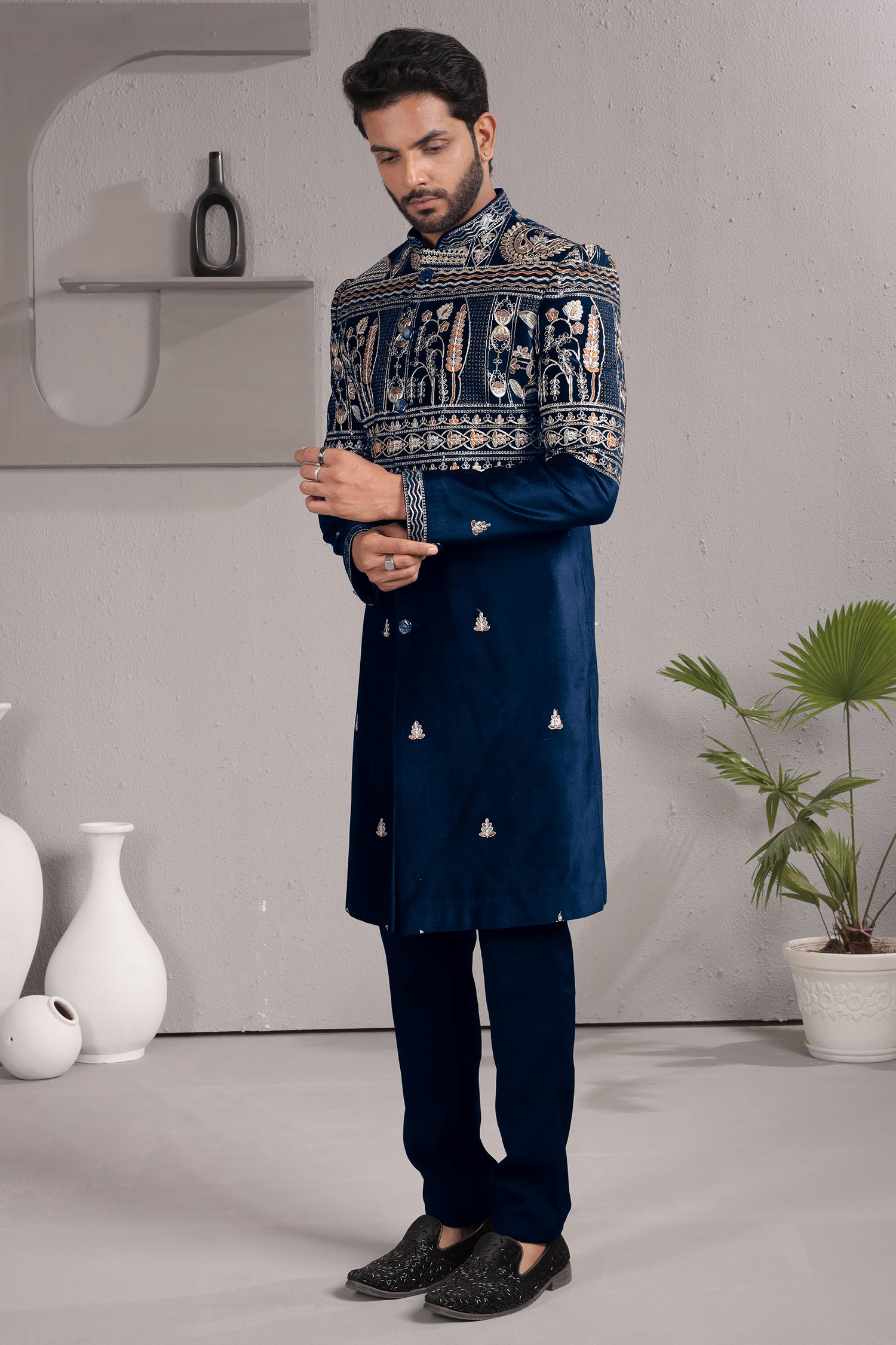Blue Satin Silk Embroidered Indo Western Set Secondary image