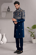Blue Satin Silk Embroidered Indo Western Set