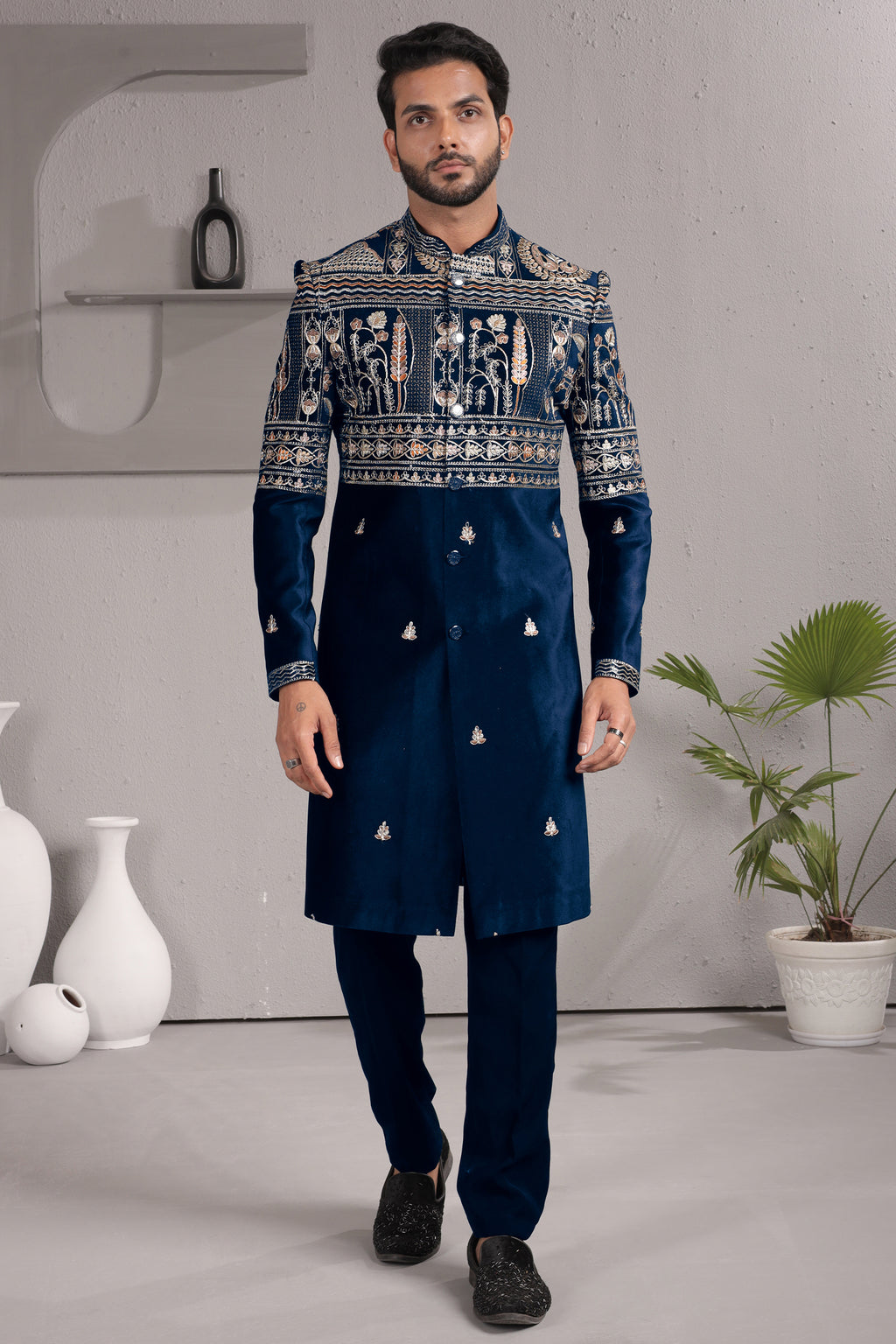 Blue Satin Silk Embroidered Indo Western Set