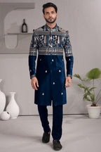 Blue Satin Silk Embroidered Indo Western Set