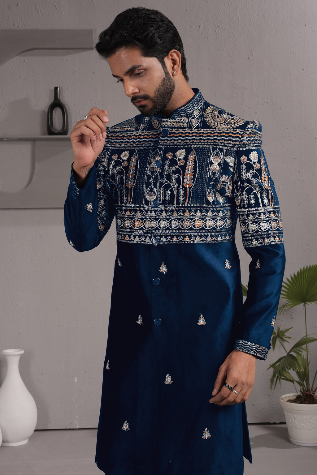 Blue Satin Silk Embroidered Indo Western Set