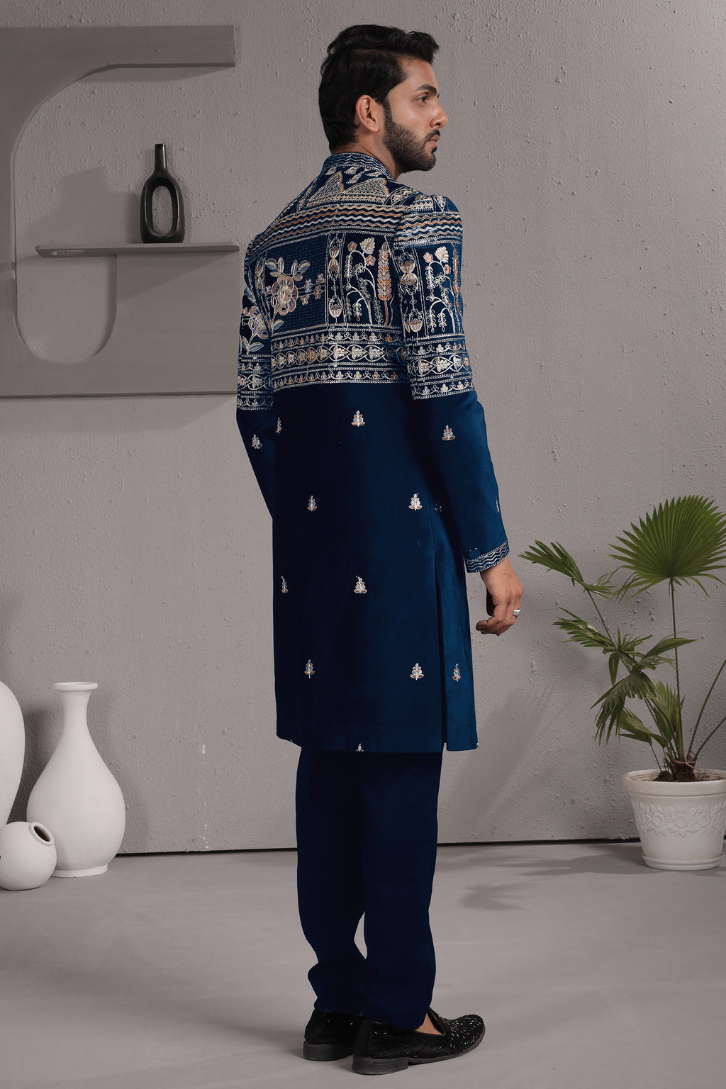 Blue Satin Silk Embroidered Indo Western Set