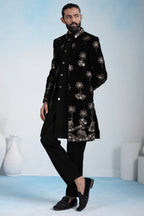 Black Silk Embroidered Jacket Indo Western Set