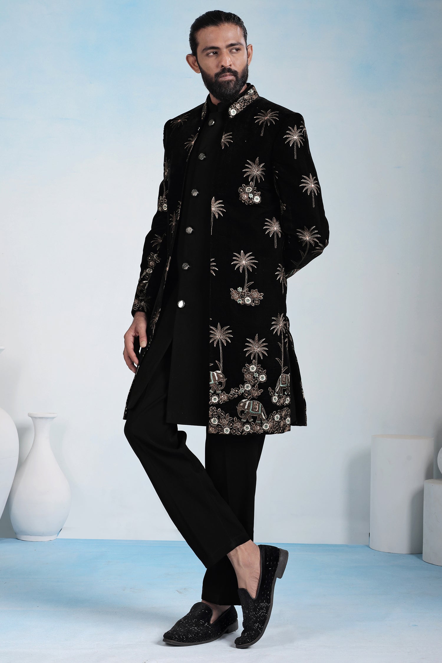 Black Silk Embroidered Jacket Indo Western Set