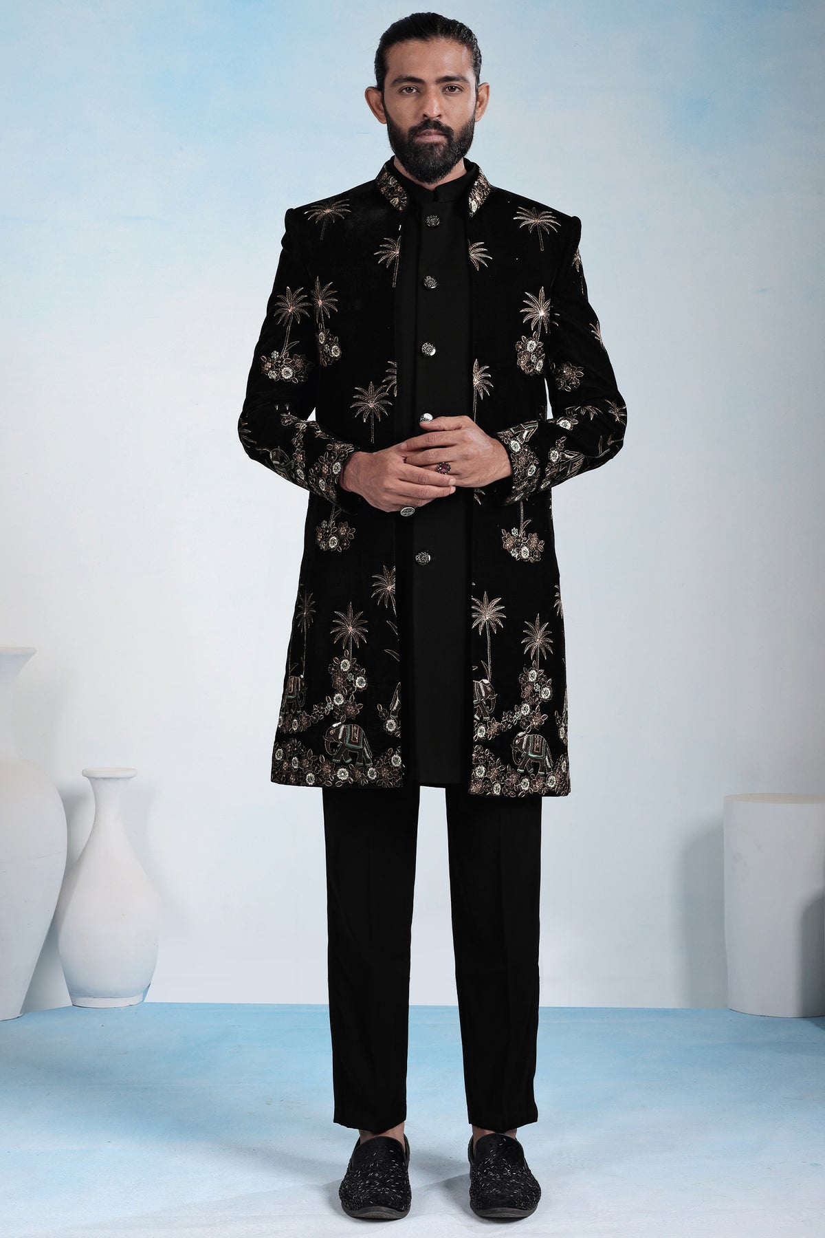 Black Silk Embroidered Jacket Indo Western Set