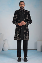 Black Silk Embroidered Jacket Indo Western Set