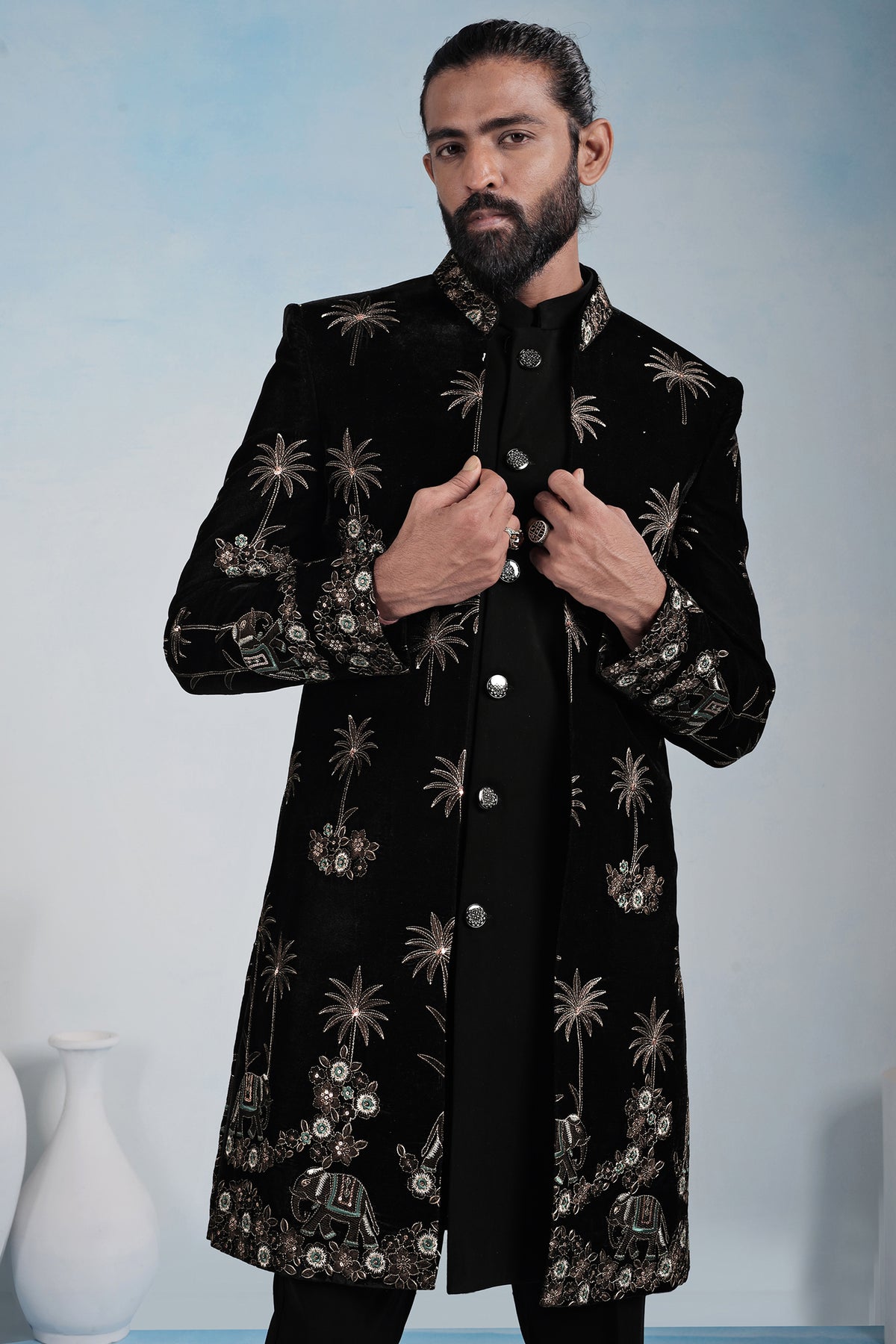 Black Silk Embroidered Jacket Indo Western Set