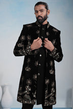 Black Silk Embroidered Jacket Indo Western Set