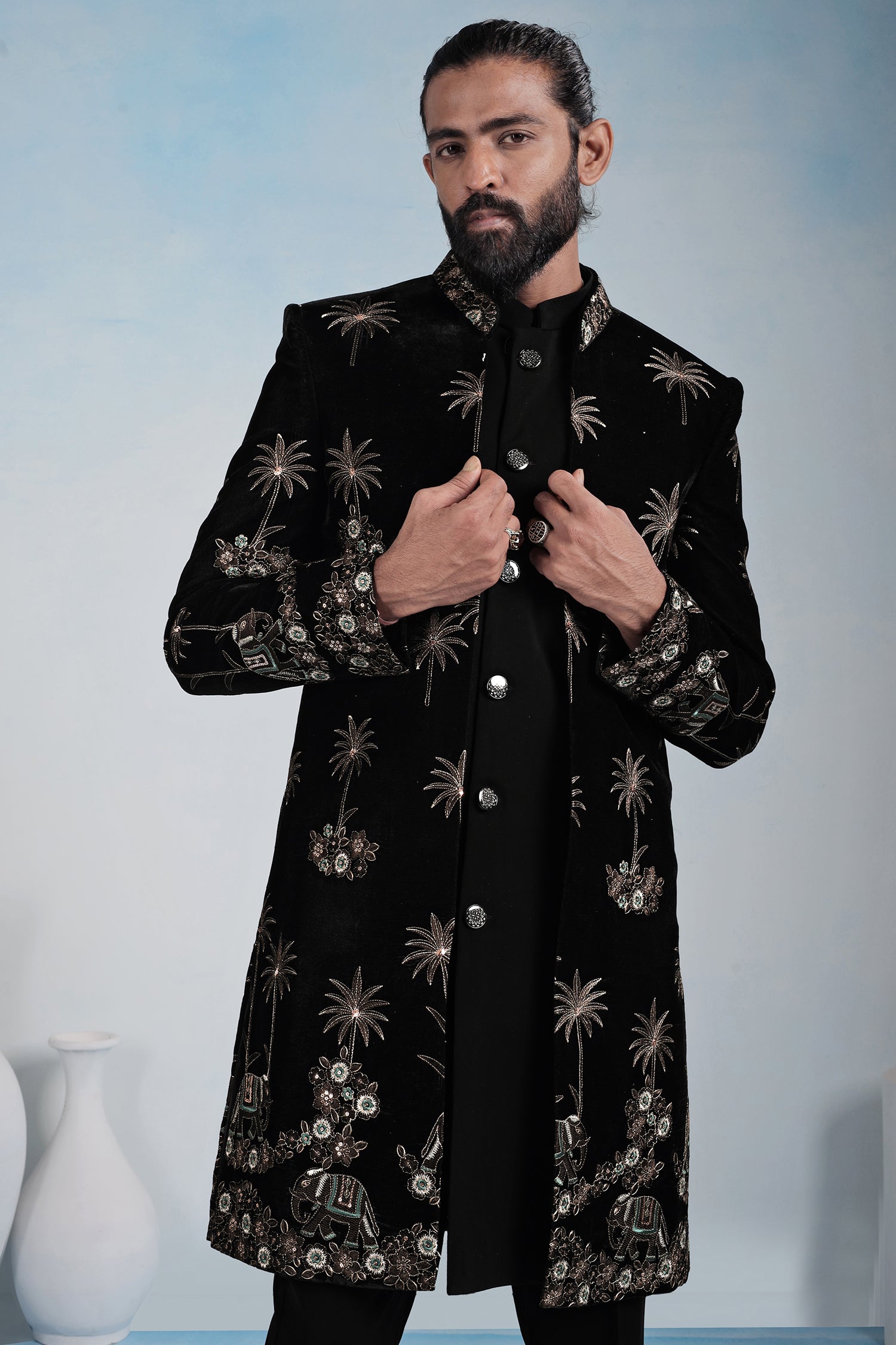 Black Silk Embroidered Jacket Indo Western Set
