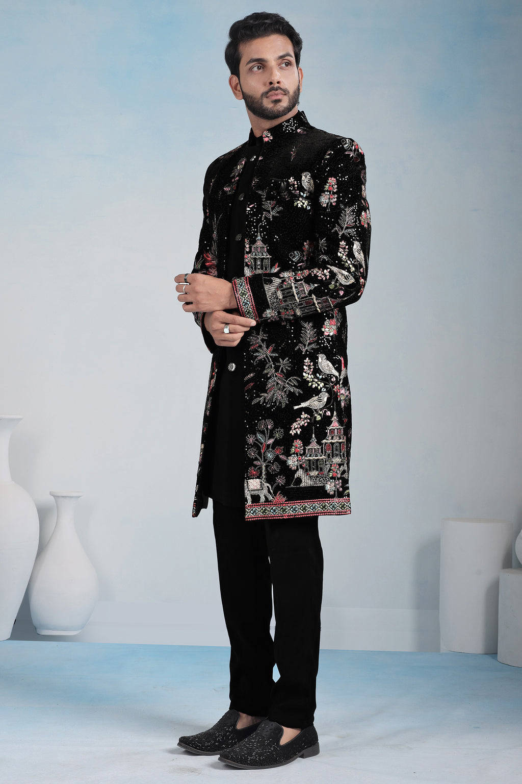 Black Silk Embroidered Jacket Indo Western Set