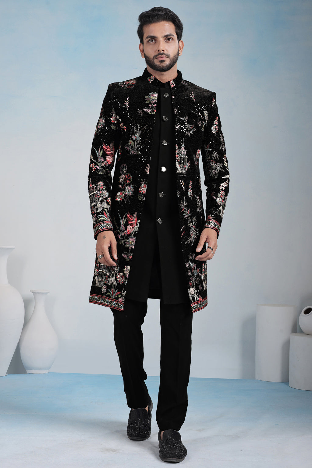 Black Silk Embroidered Jacket Indo Western Set