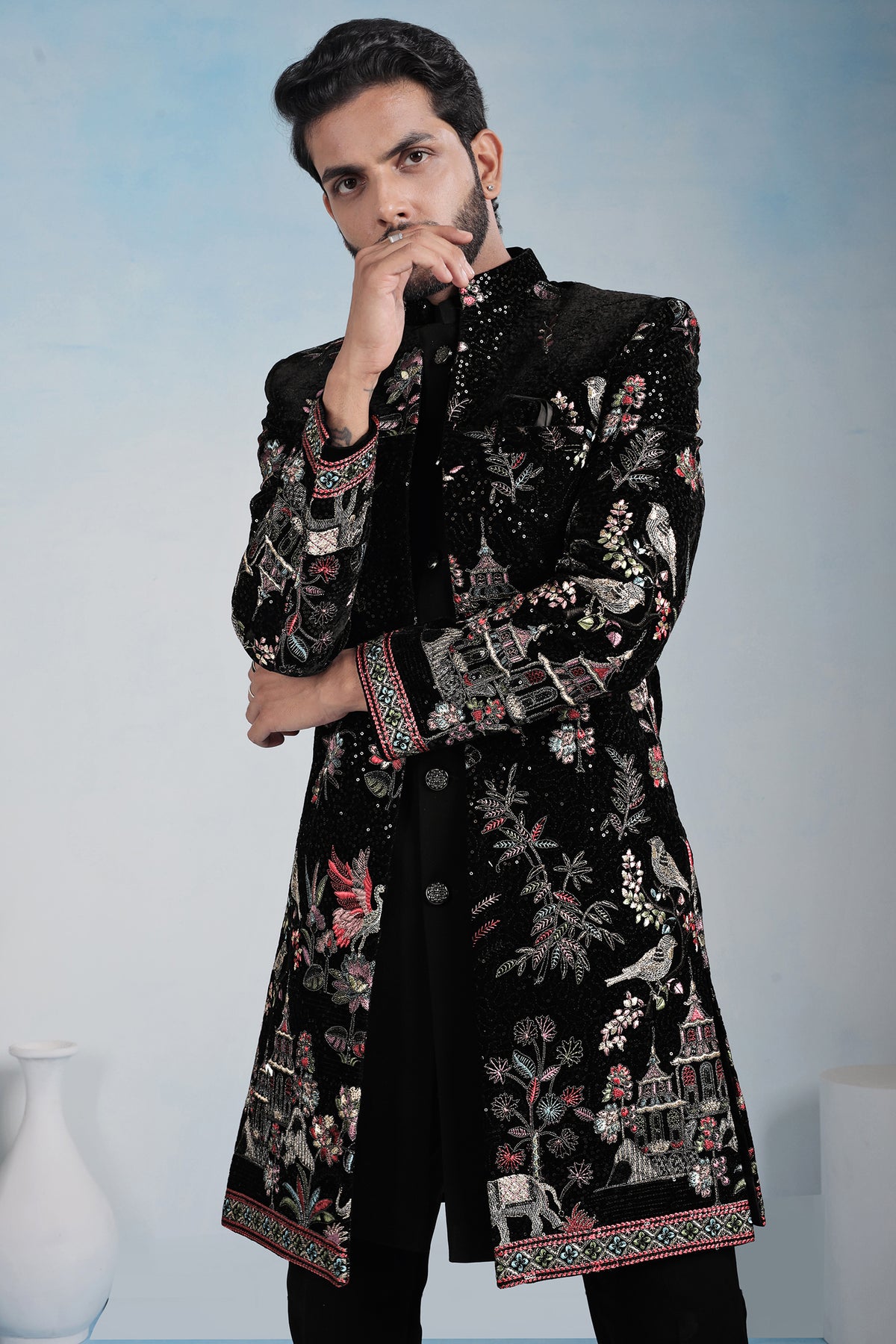 Black Silk Embroidered Jacket Indo Western Set