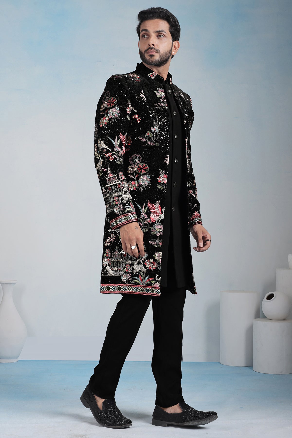 Black Silk Embroidered Jacket Indo Western Set