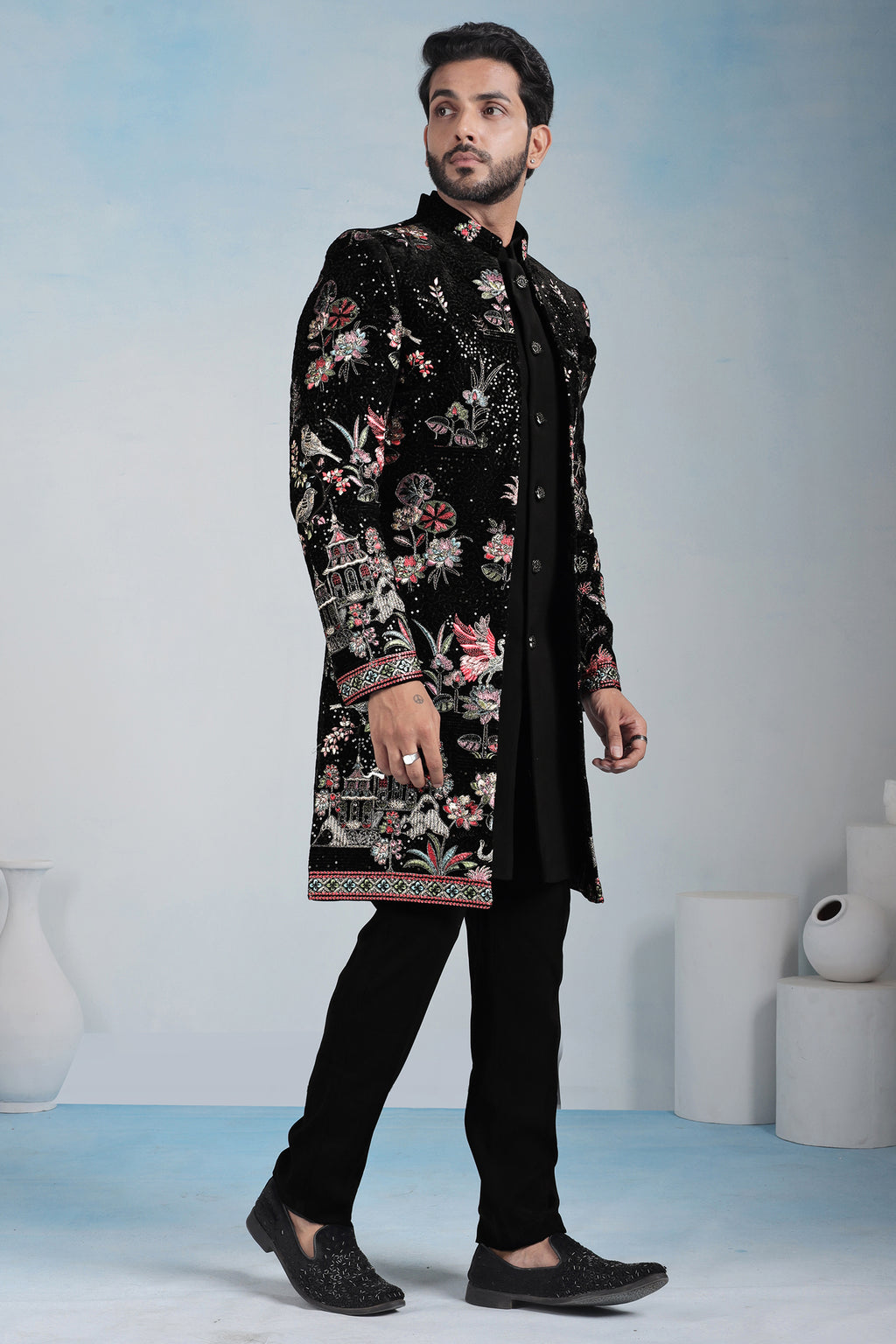 Black Silk Embroidered Jacket Indo Western Set