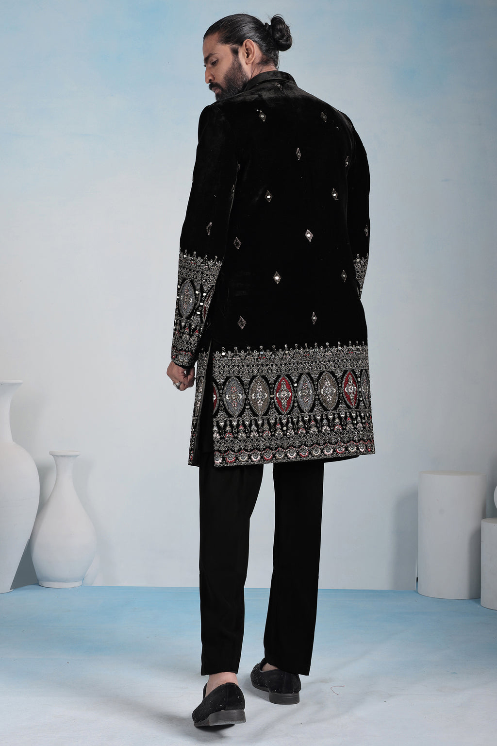 Black Silk Embroidered Jacket Indo Western Set