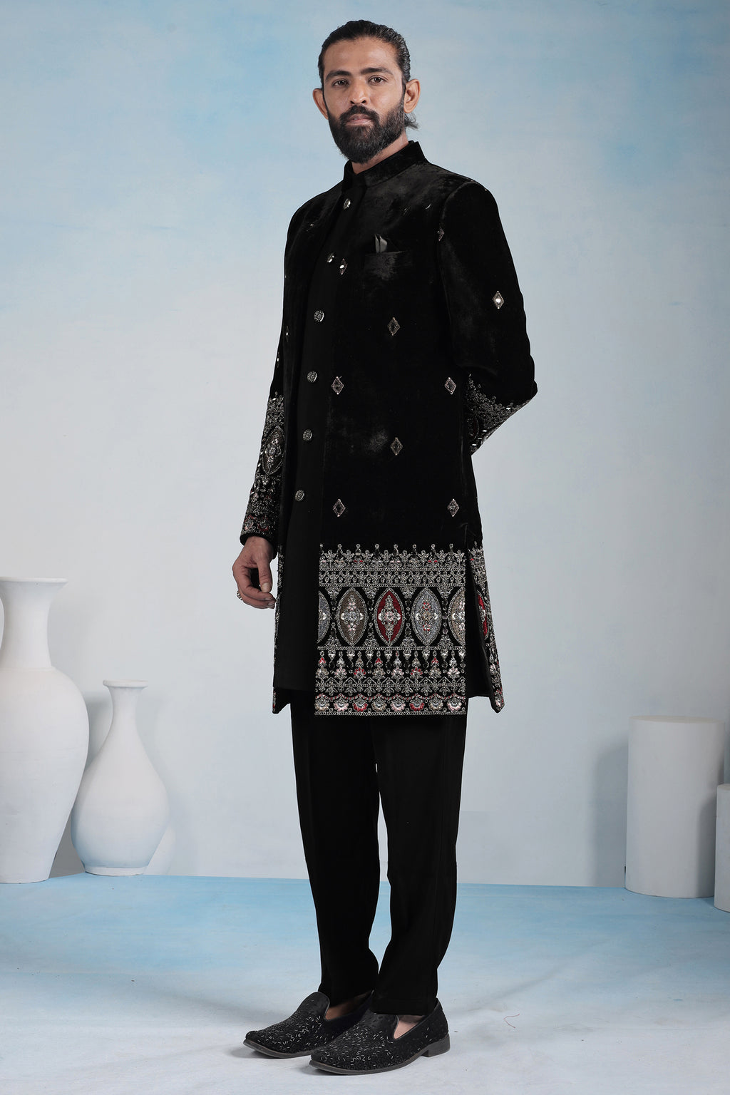 Black Silk Embroidered Jacket Indo Western Set