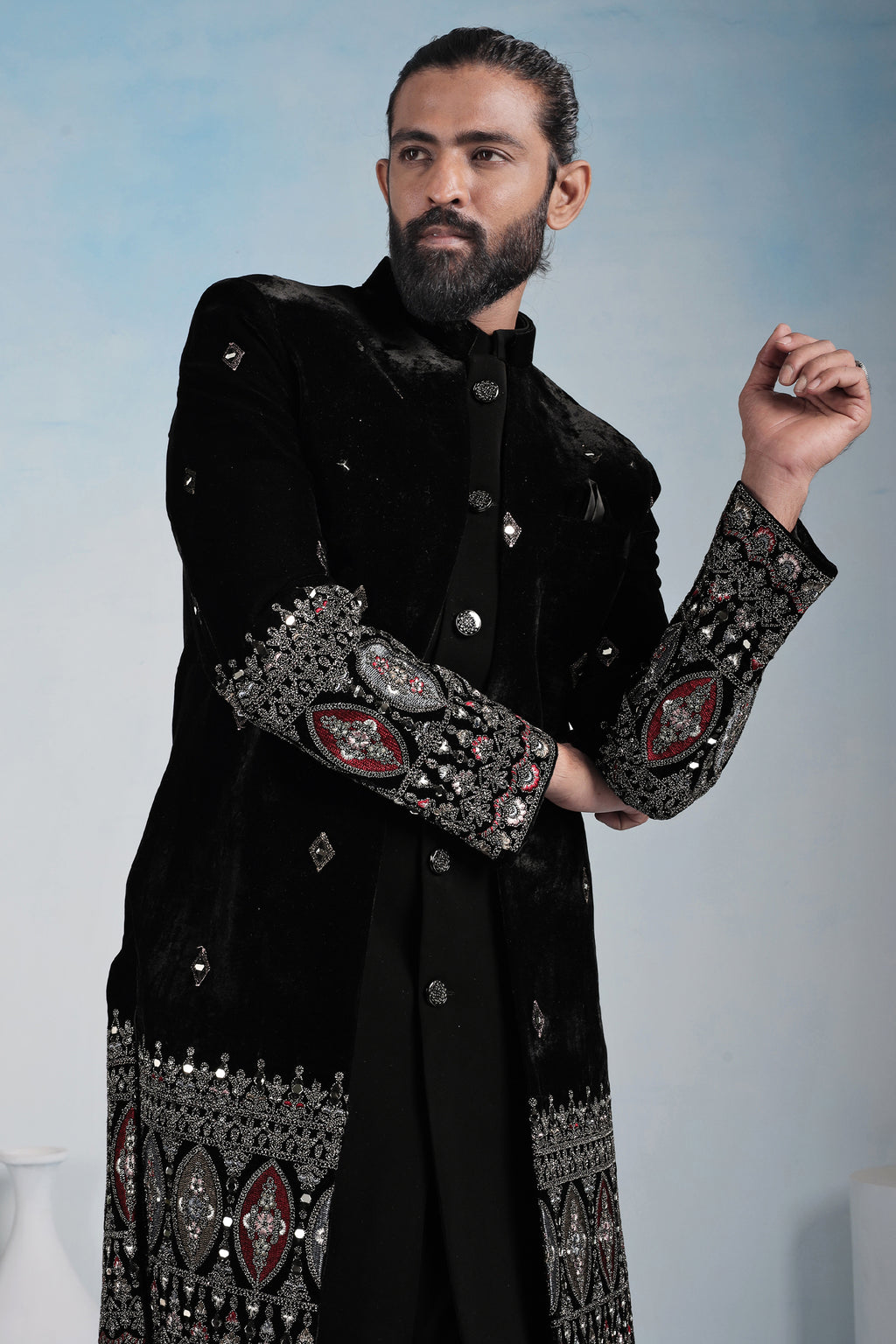 Black Silk Embroidered Jacket Indo Western Set
