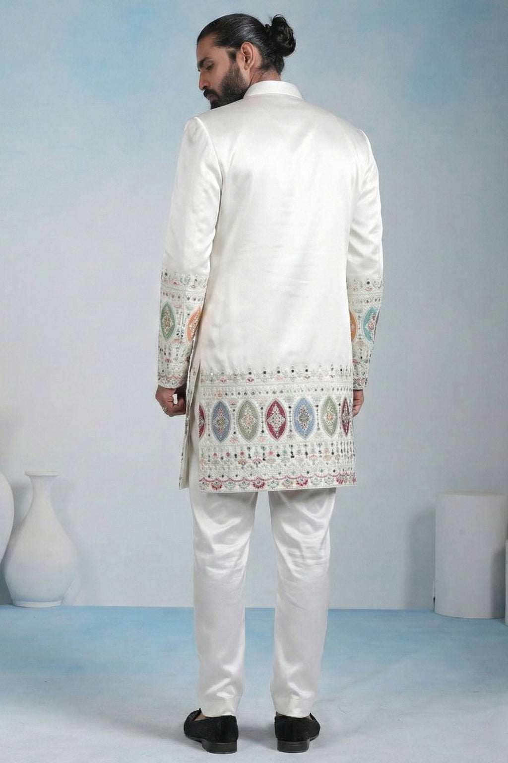 Off White Silk Embroidered Jacket Indo Western Set