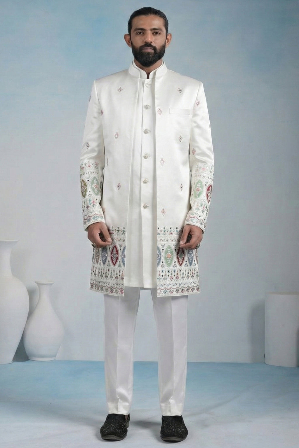Off White Silk Embroidered Jacket Indo Western Set