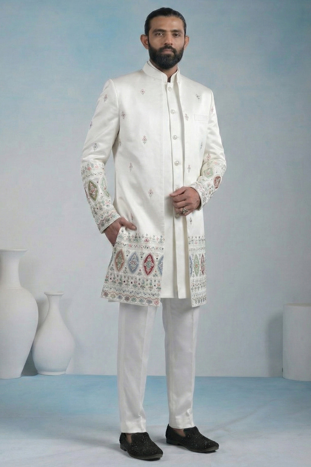 Off White Silk Embroidered Jacket Indo Western Set