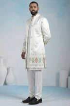 Off White Silk Embroidered Jacket Indo Western Set