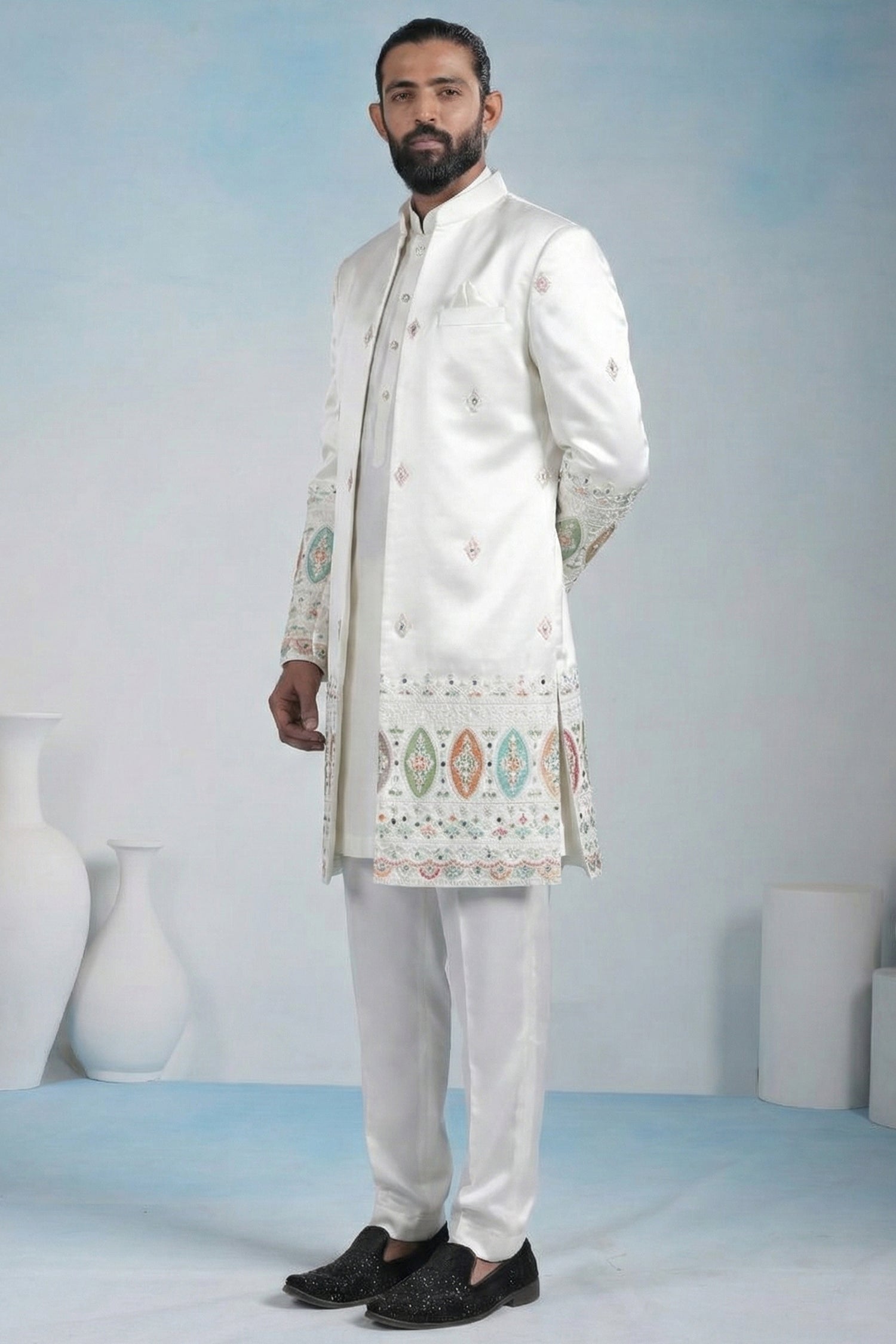 Off White Silk Embroidered Jacket Indo Western Set