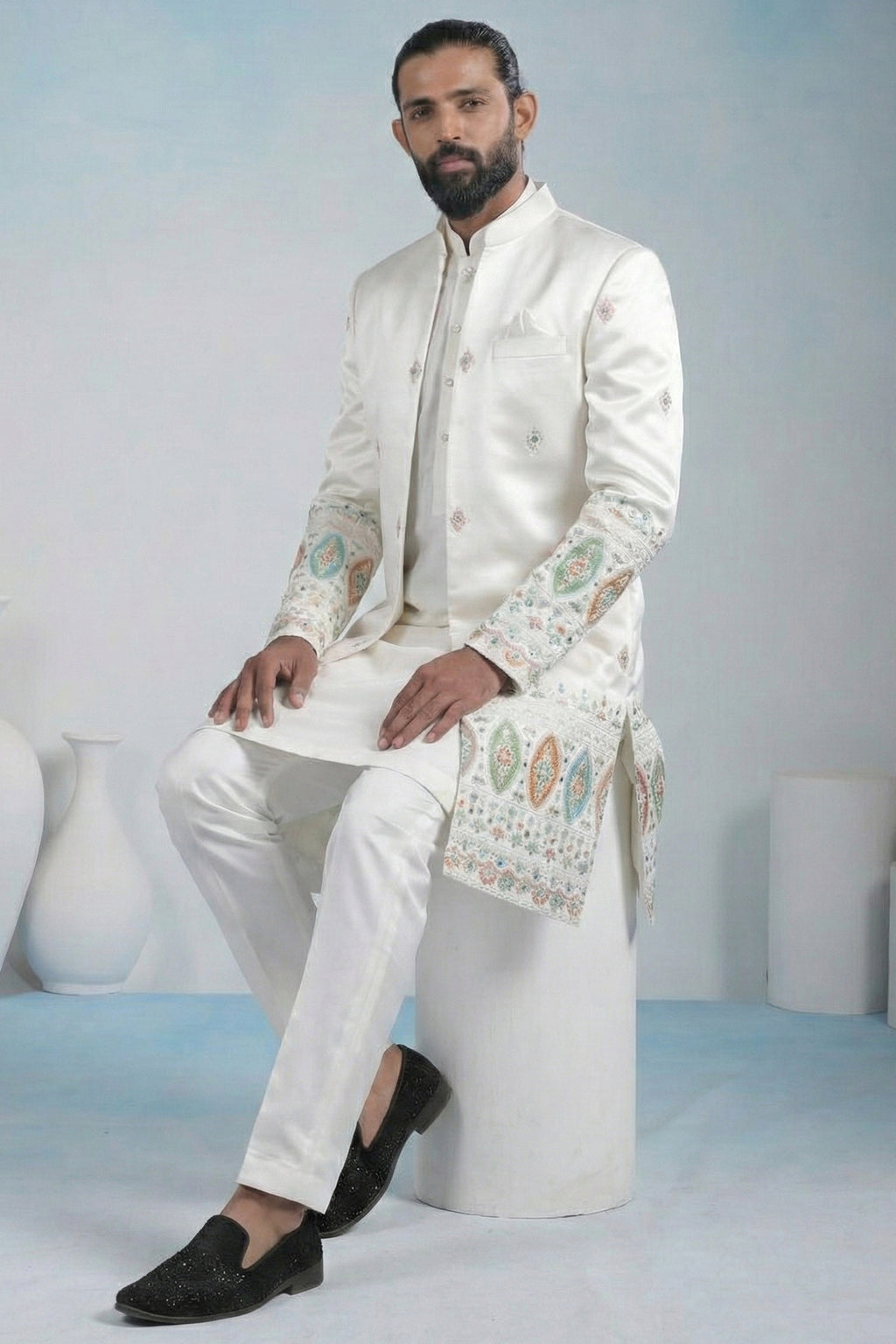 Off White Silk Embroidered Jacket Indo Western Set