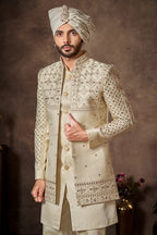 Cream Silk Sequin Embroidered Jacket Indo Western Set