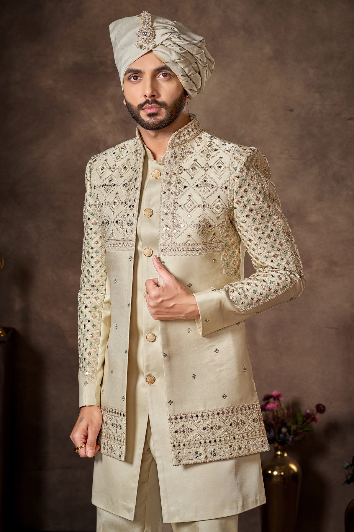 Cream Silk Sequin Embroidered Jacket Indo Western Set