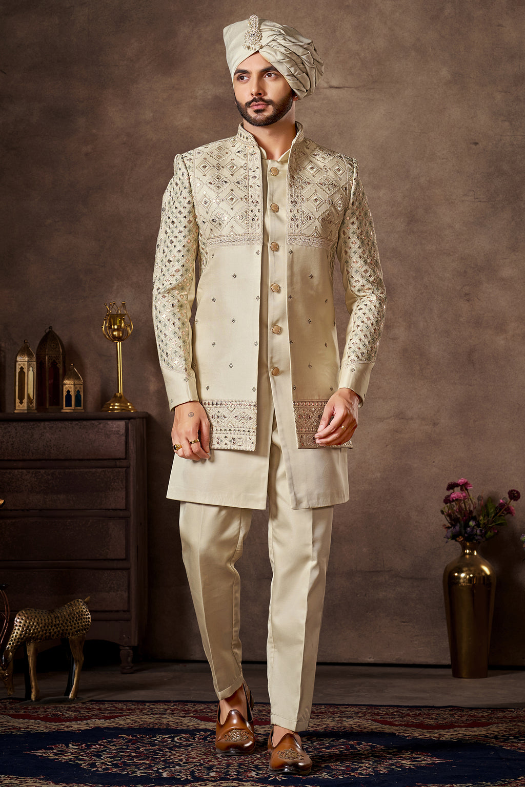Cream Silk Sequin Embroidered Jacket Indo Western Set