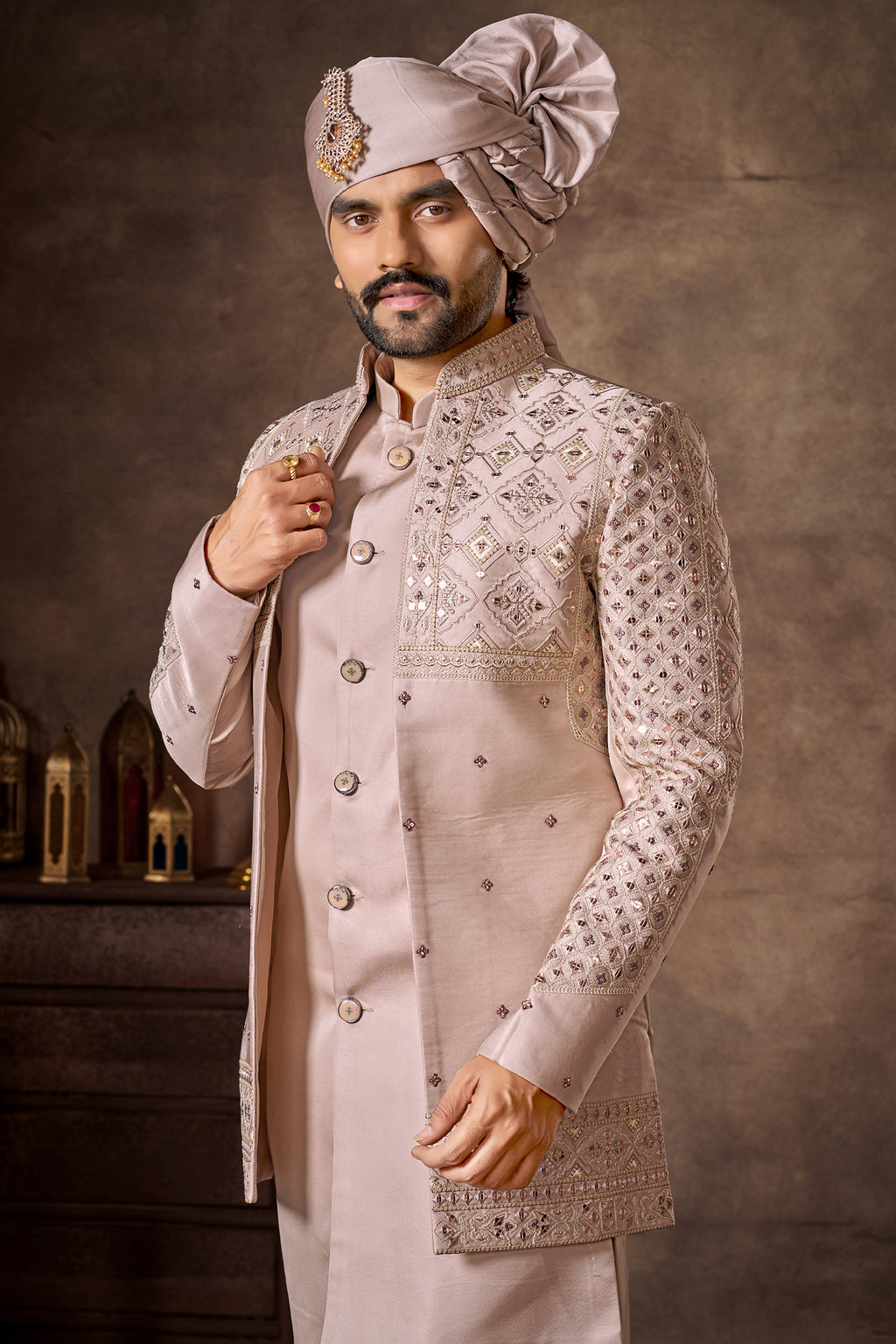 Light Pink Sequin Embroidered Jacket Indo Western Set