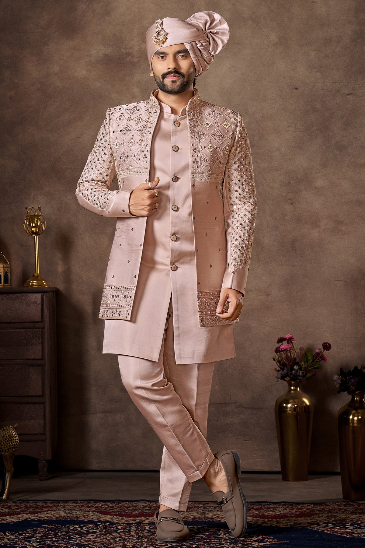 Light Pink Sequin Embroidered Jacket Indo Western Set Main image