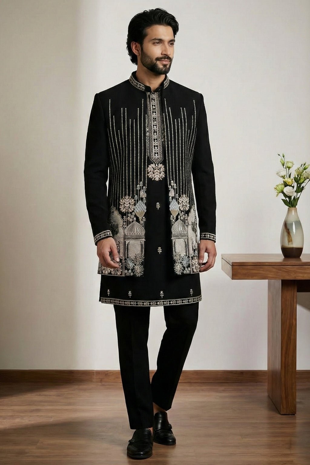 Black Satin Embroidered Jacket Indo Western Set