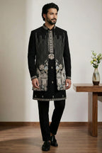 Black Satin Embroidered Jacket Indo Western Set