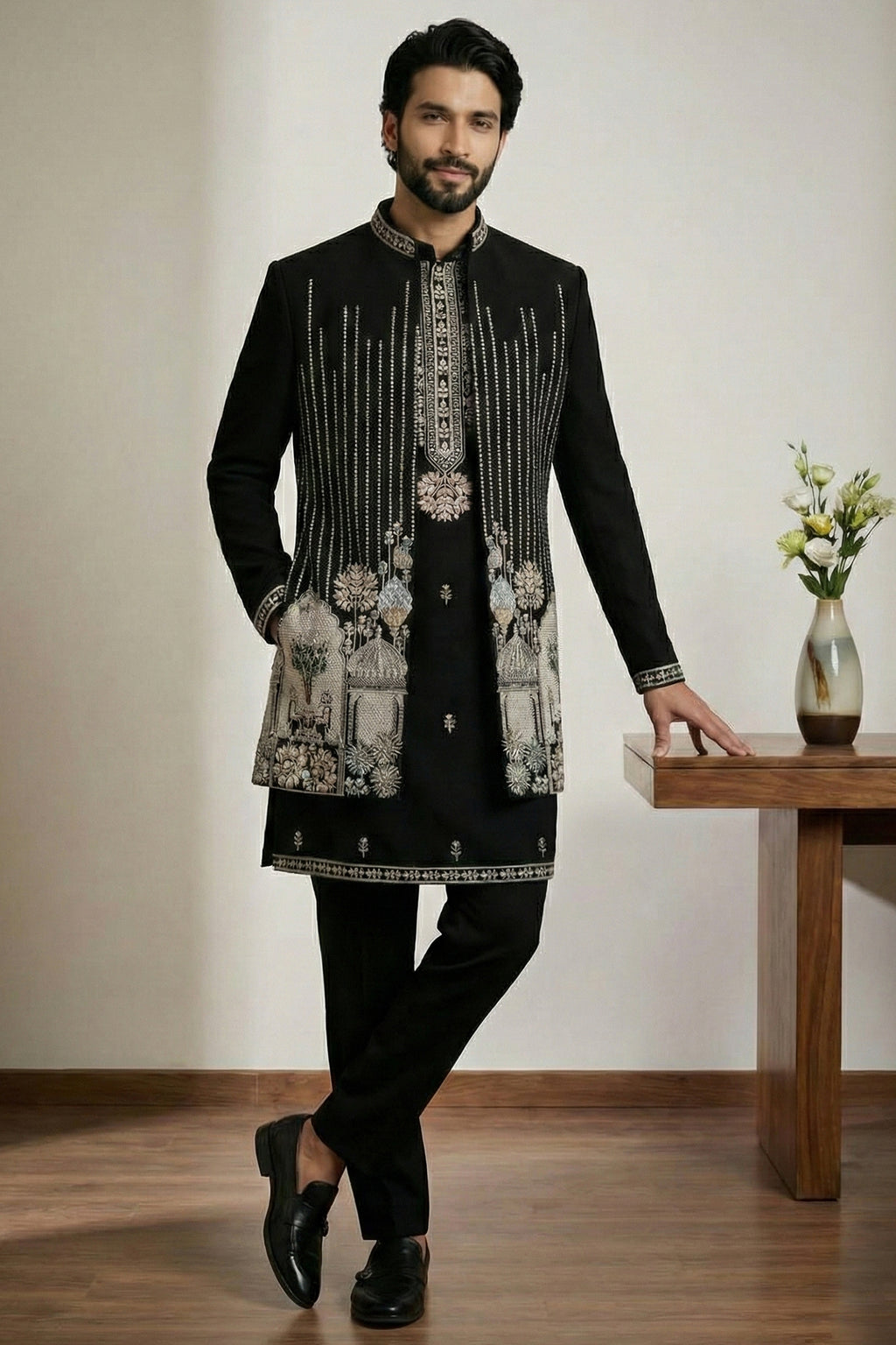 Black Satin Embroidered Jacket Indo Western Set
