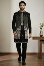 Black Satin Embroidered Jacket Indo Western Set