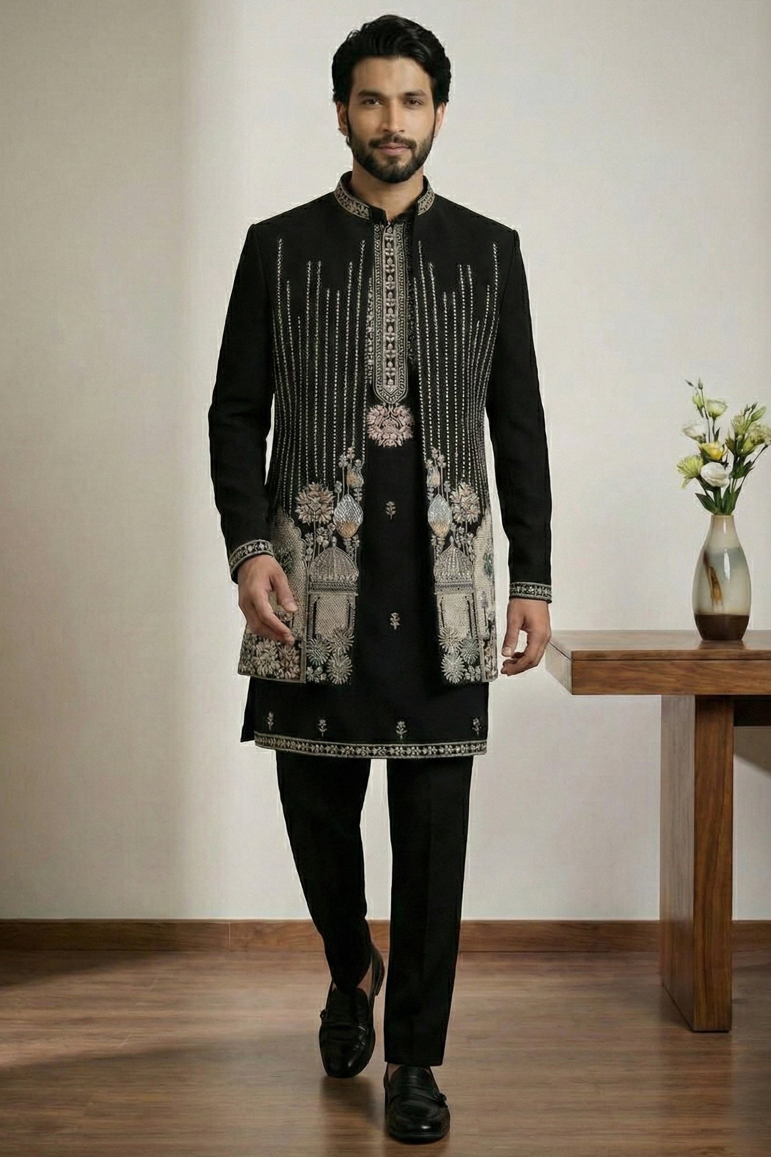 Black Satin Embroidered Jacket Indo Western Set