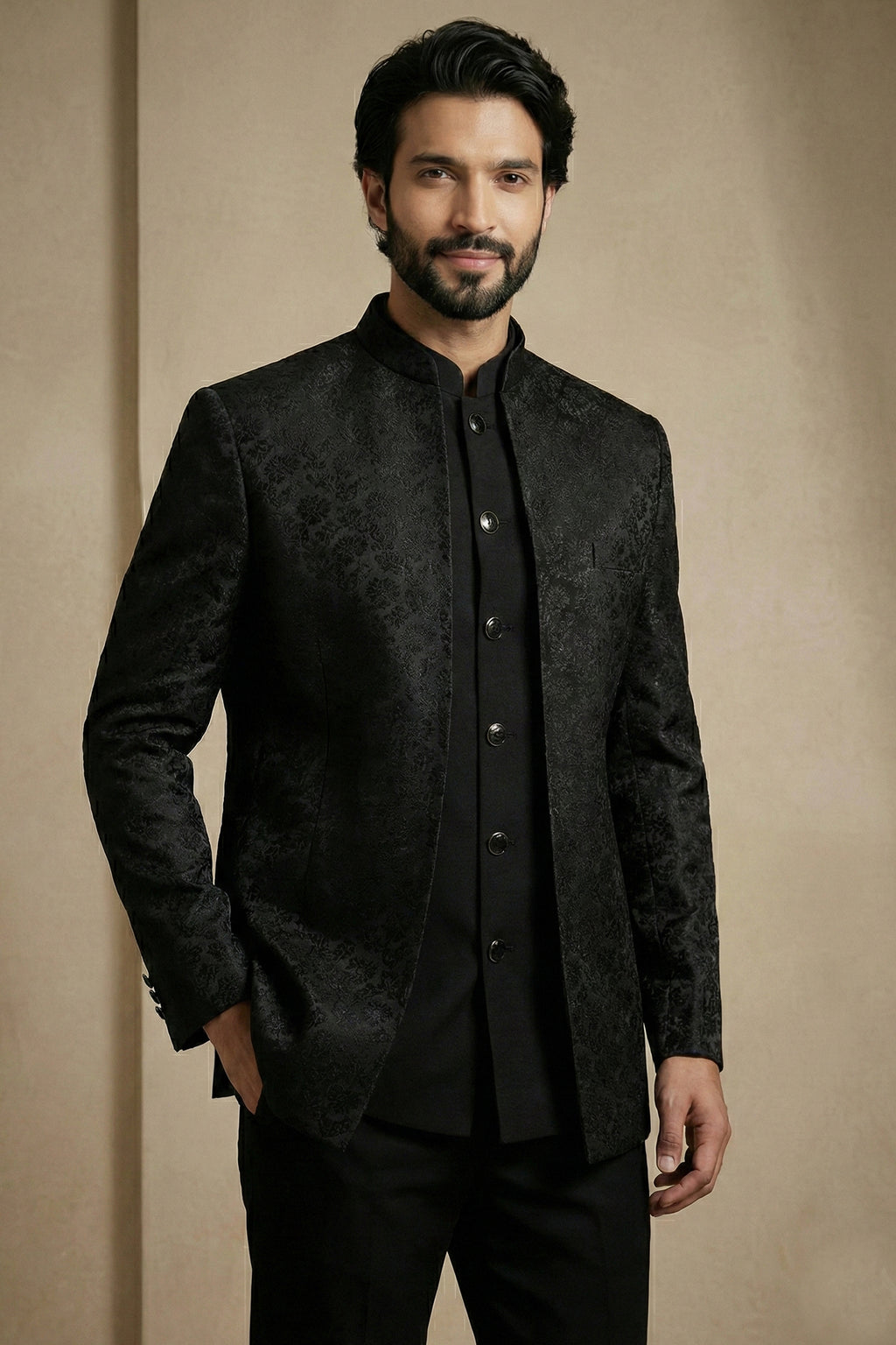 Black Satin Jacquard Satin Jacket Indo Western Set