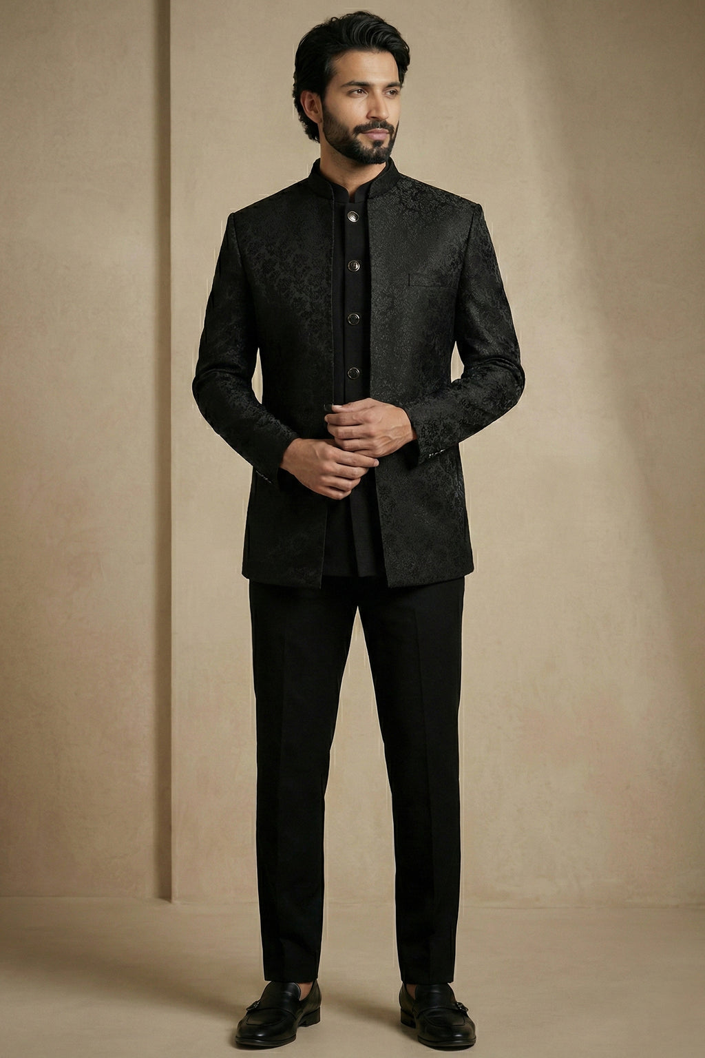 Black Satin Jacquard Satin Jacket Indo Western Set